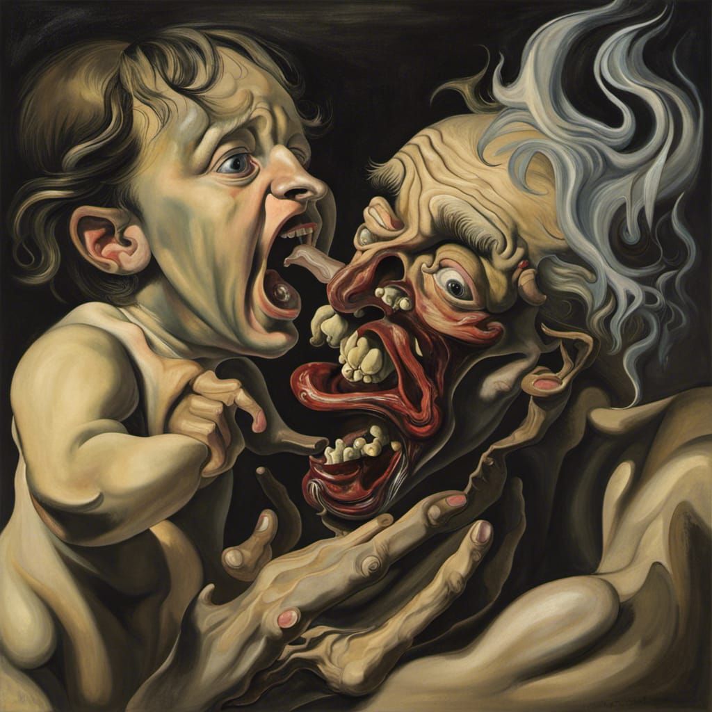 Surreal Saturn and Son as Melting Oil Painting