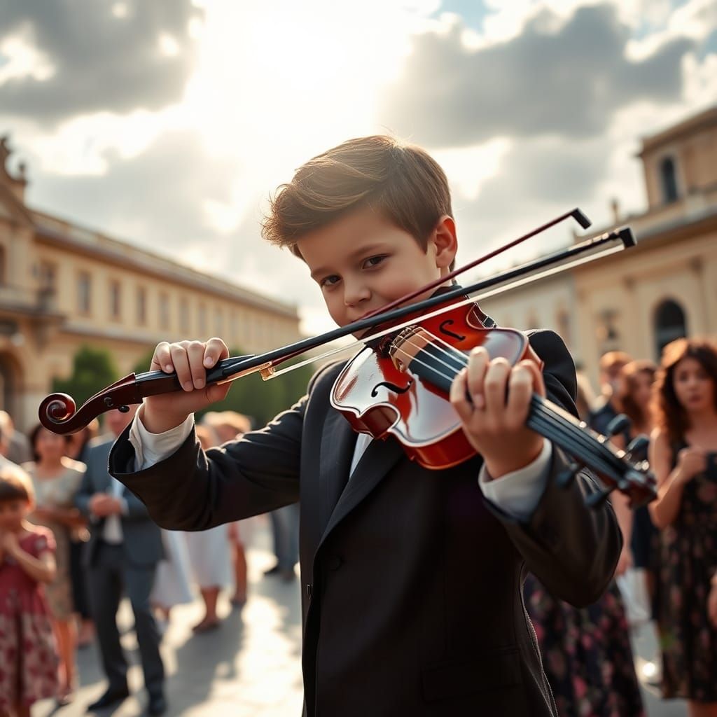Boy Violinist Performing in Sunny Impressionistic Scene
