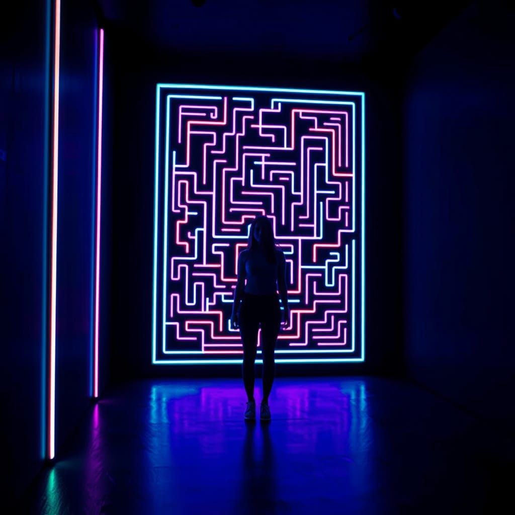 Woman in Black Light Room with Neon Maze Art