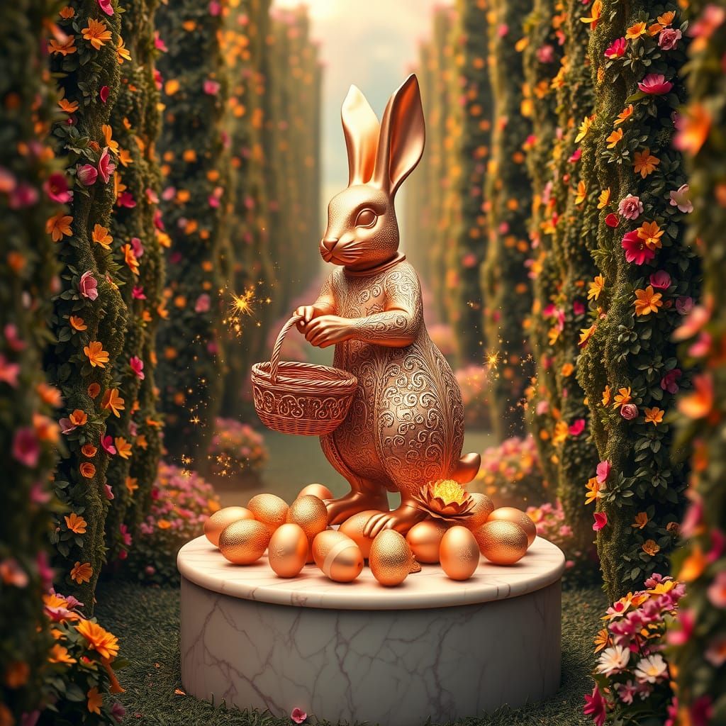 Rose Gold Easter Bunny Statue in Vibrant Floral Maze