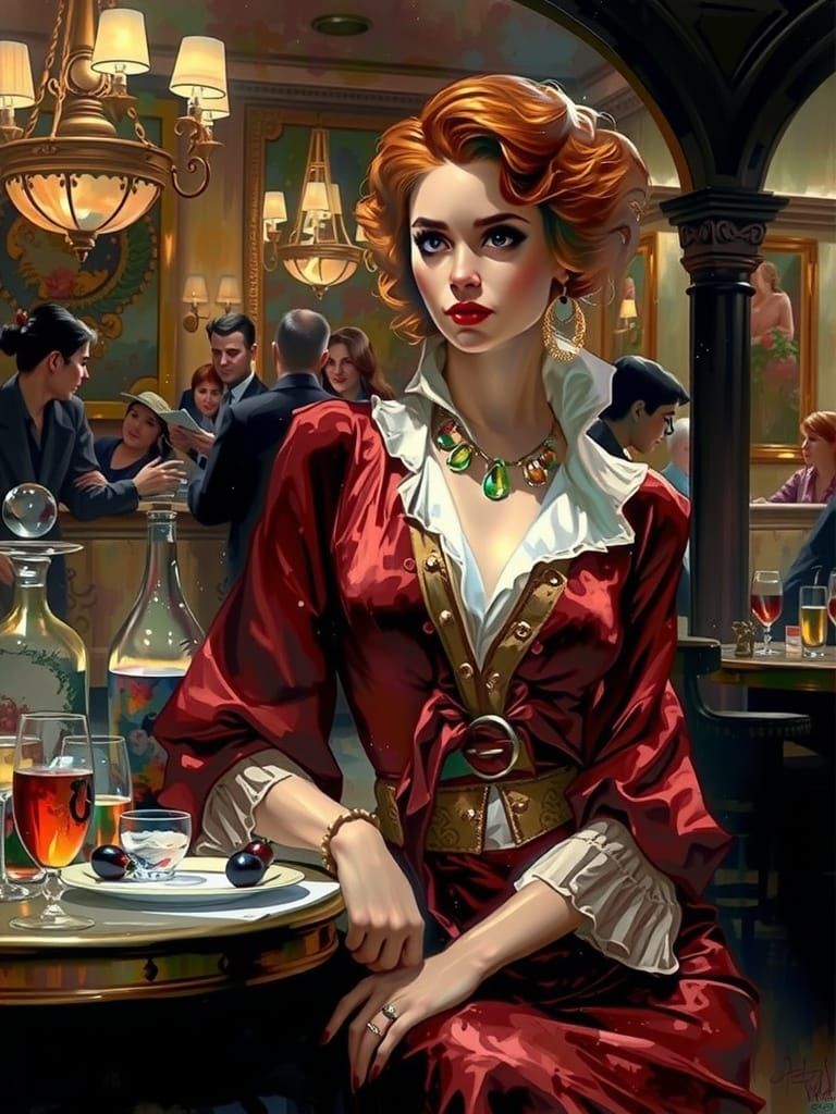 Woman in Restaurant, Detailed Watercolour Painting