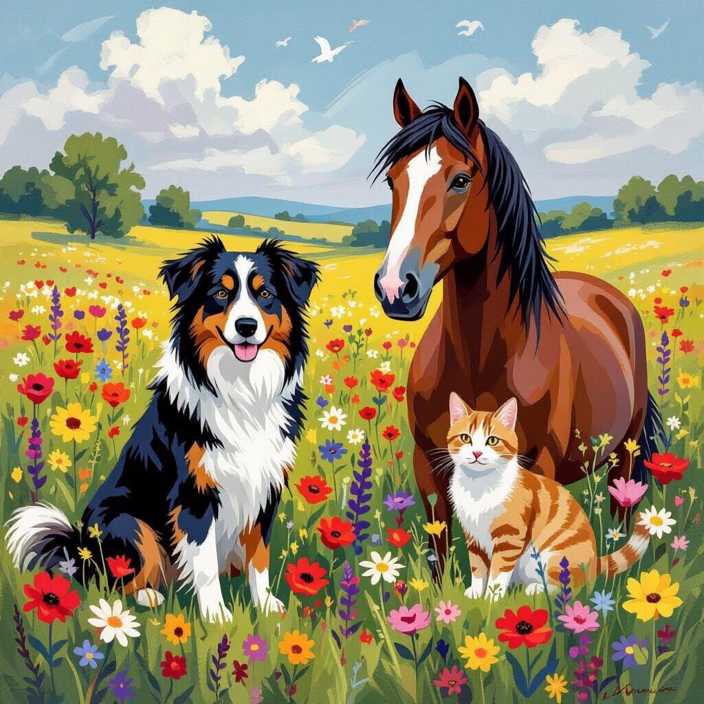 Idyllic Impressionist Landscape with Animals
