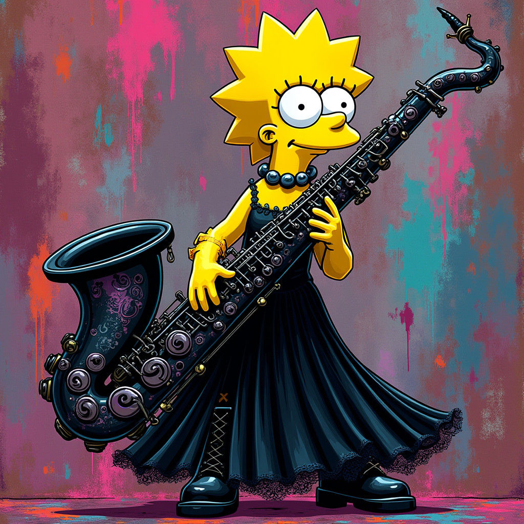 3D  Lisa Simpson Goth, Holding shiny black Saxophone, alcohol ink style graffiti art
