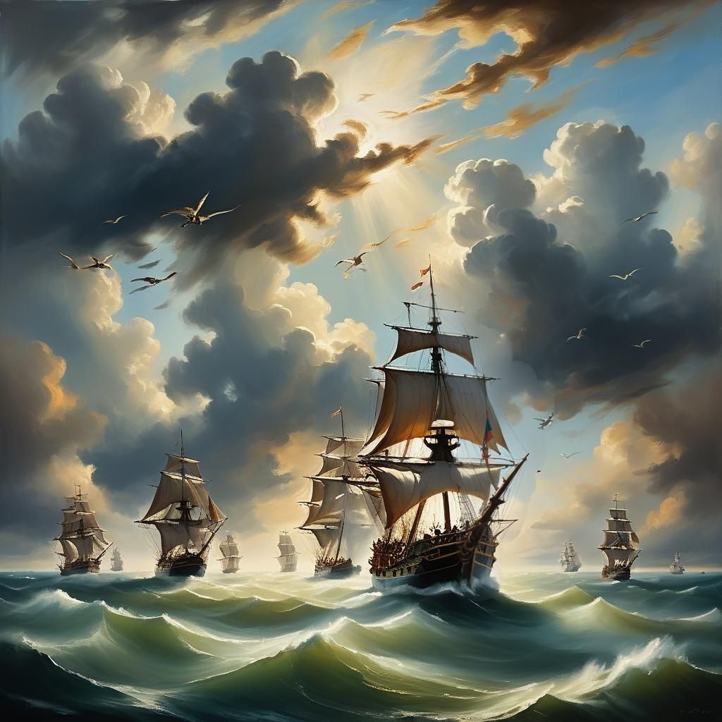 Sailing Ships and Vintage Planes in a Vast Wavy Sea, as Surr...