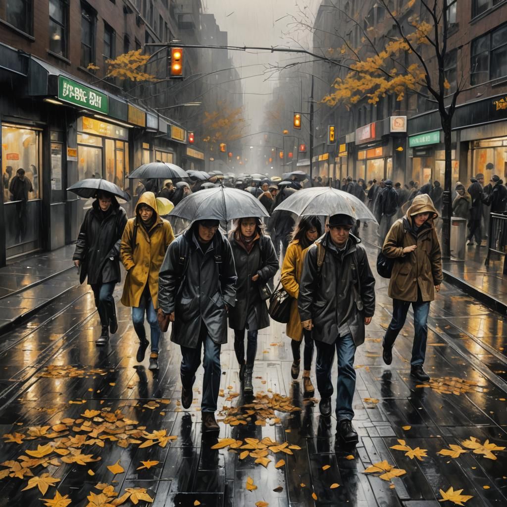 Rainy Autumn Subway: Hyper-Realistic Charcoal Art
