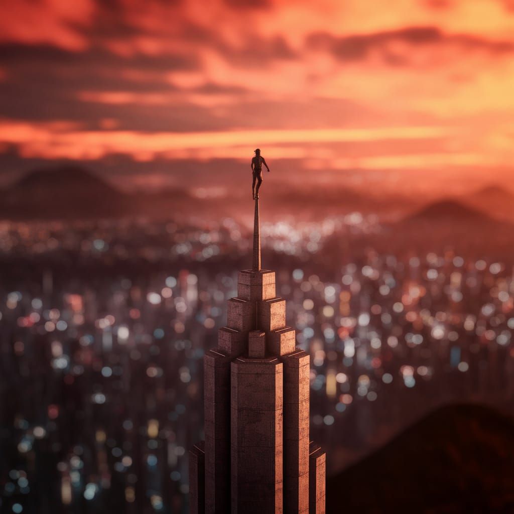 Solitary Figure on Skyscraper in Dramatic Landscape