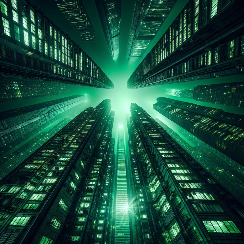 Green Skyscrapers at Night: A Futuristic Cityscape