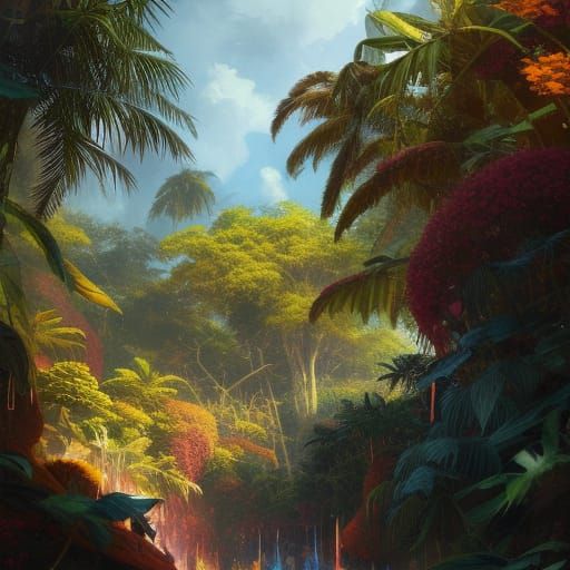 Lush Tropical Island Imperial Palace, Detailed Fantasy Art