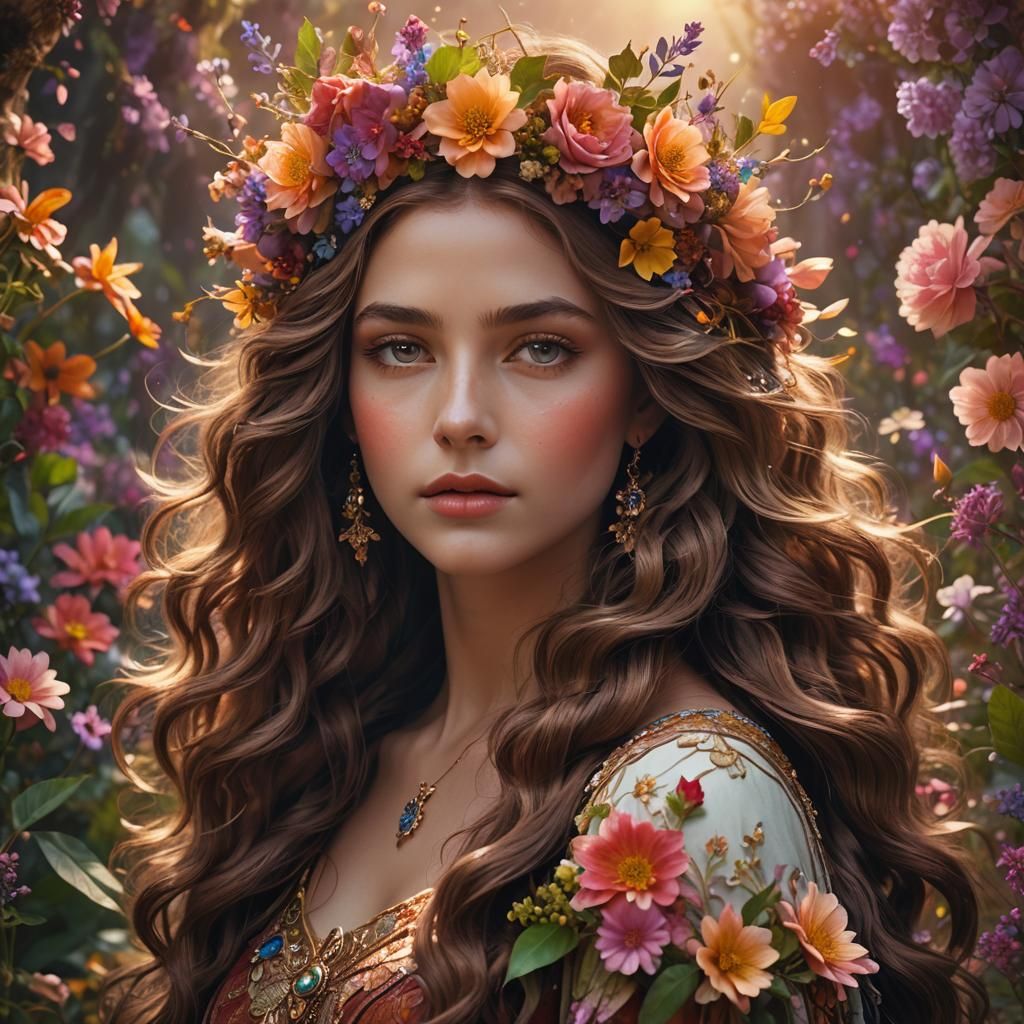 Goddess with Floral Crown in Ethereal Digital Art