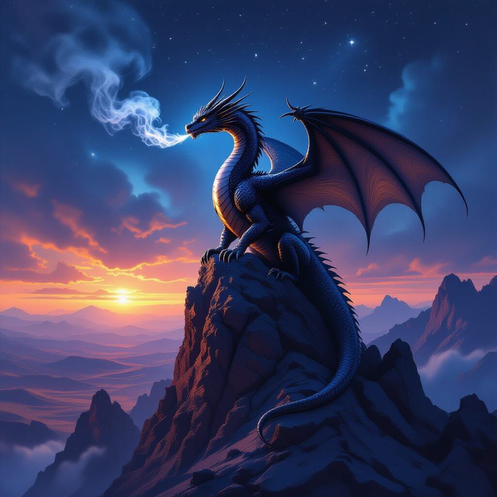 Obsidian Dragon on Mountain Peak in Starlit Desert