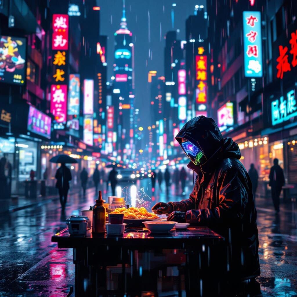 Cyberpunk Street Vendor Sells Dreams in Neon Metropolis