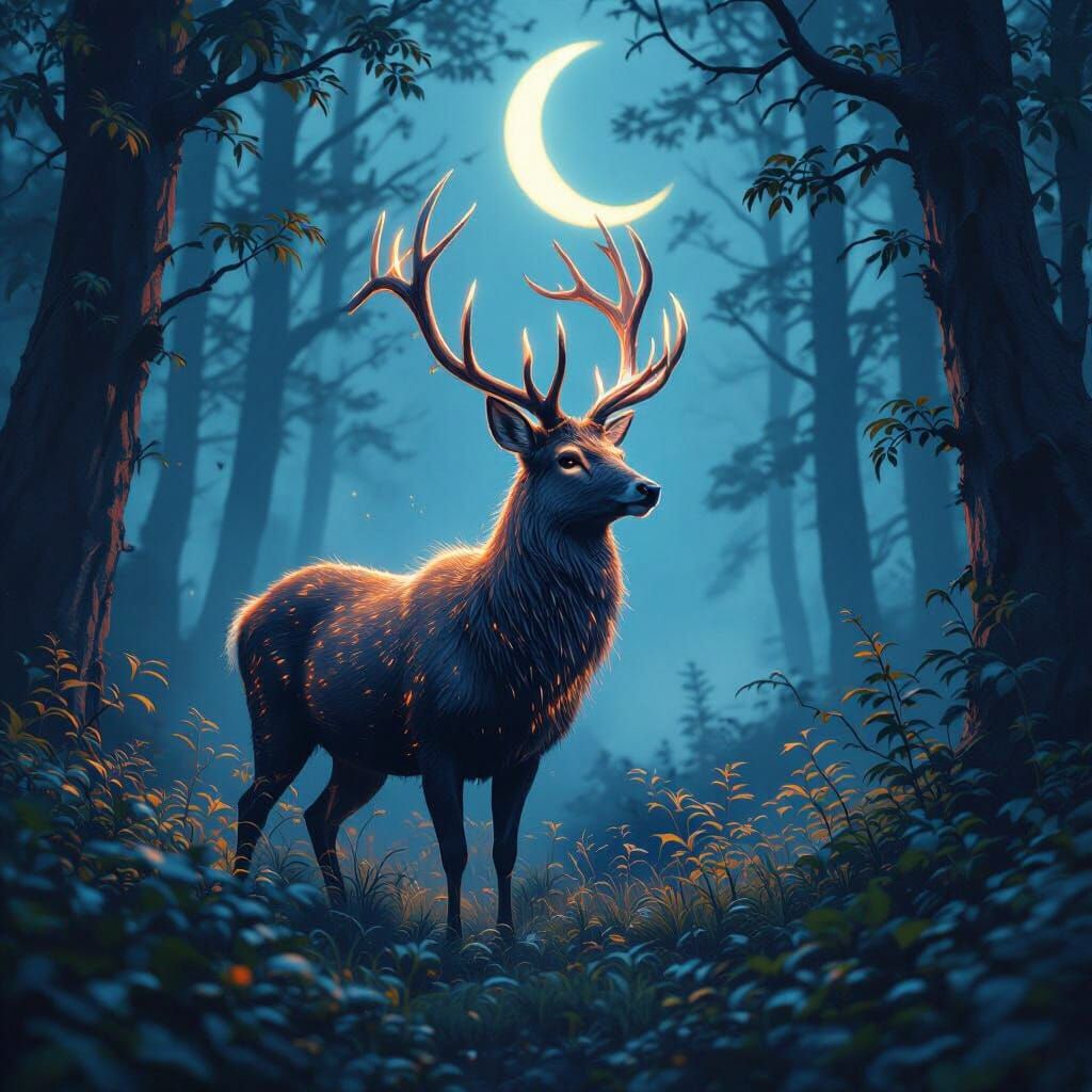 Enchanted Forest: Spirit Deer Under Crescent Moon
