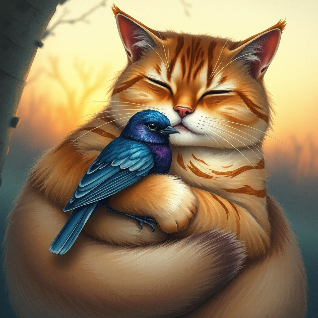 Cat Cradles Nightingale in Dreamy Watercolor Style