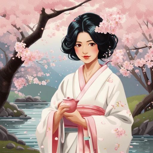 Japanese Woman Waters Cherry Tree in Bloom