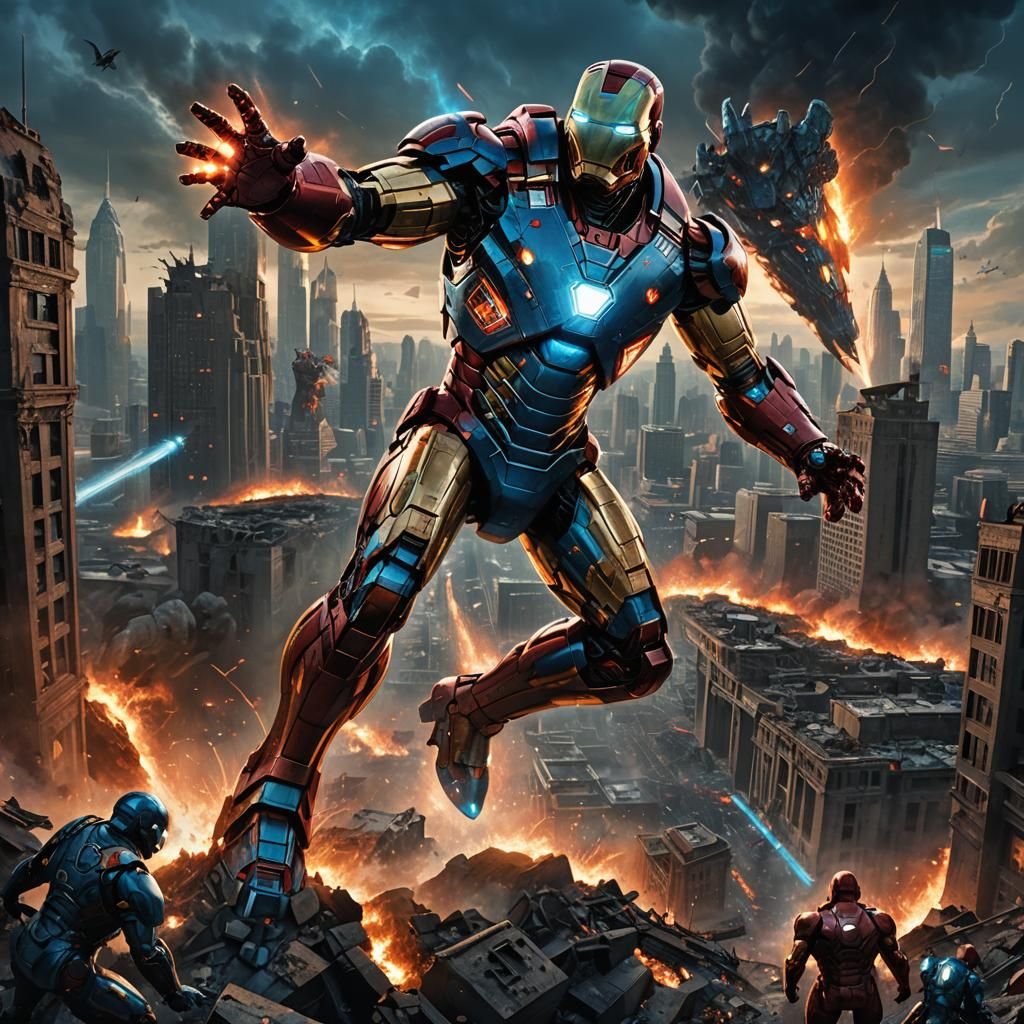 Ironman Battles Kaiju in Ruined Cityscape