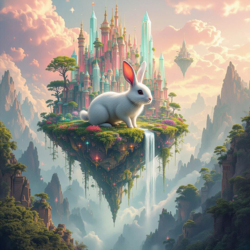 Rabbit in Floating Forest City, Surreal Line Art