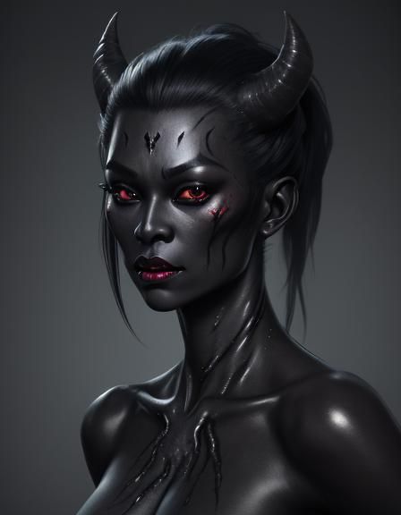 Monster demon, black oiled skin,gray glossy lips, beautiful ...