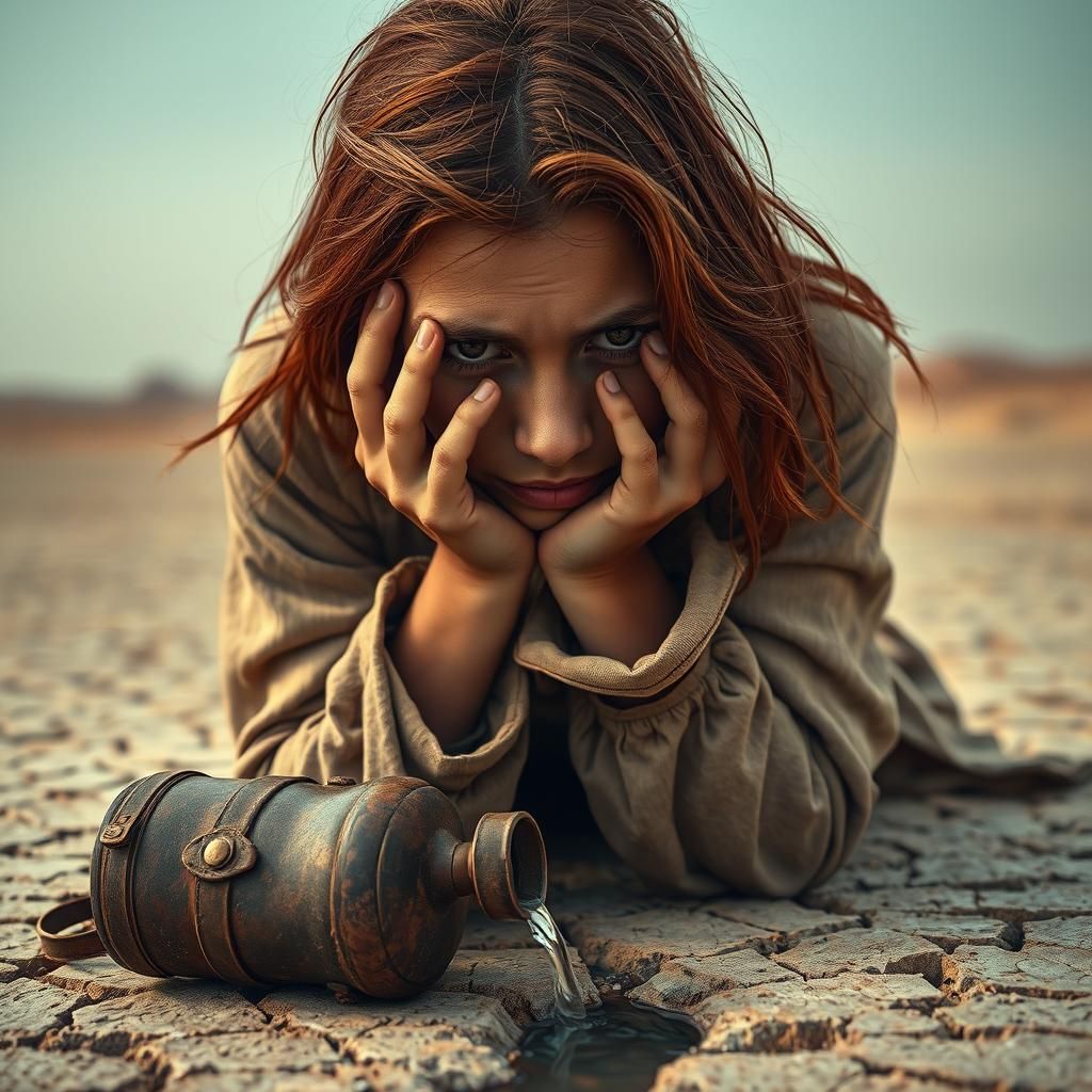 Desperate Refugee in Barren Desert: Hyperrealistic Image