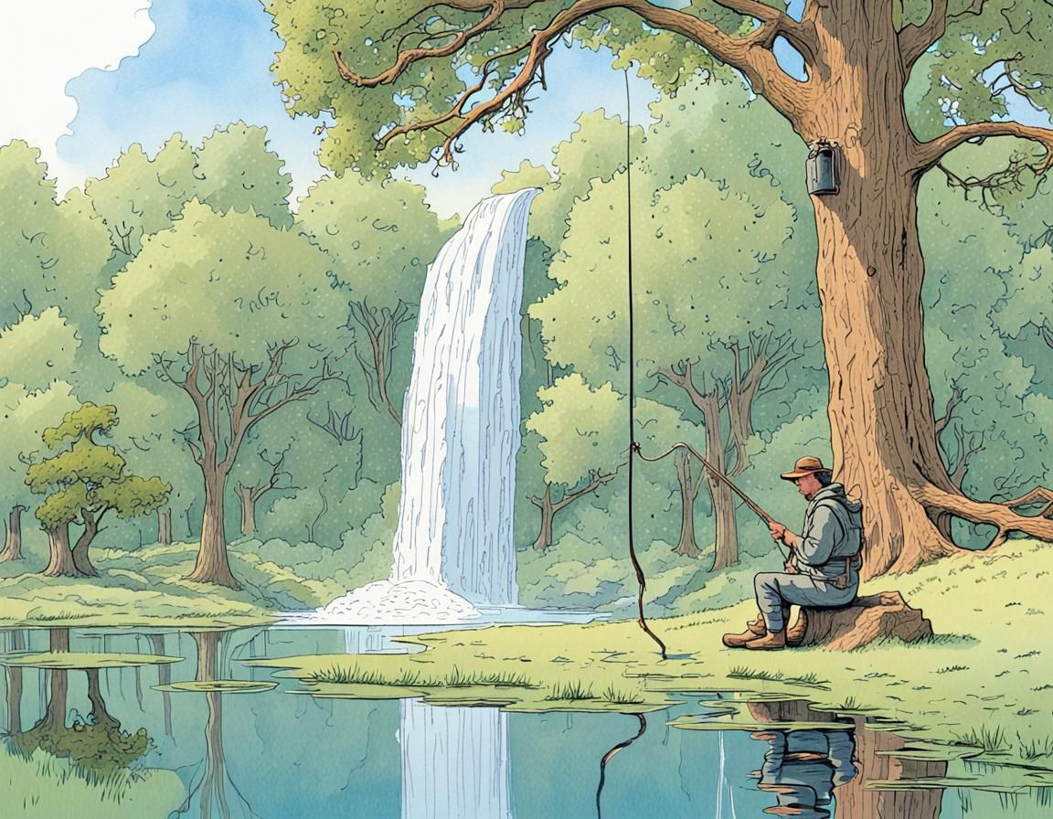 Cascading Waterfall and Fisherman, Moebius Style