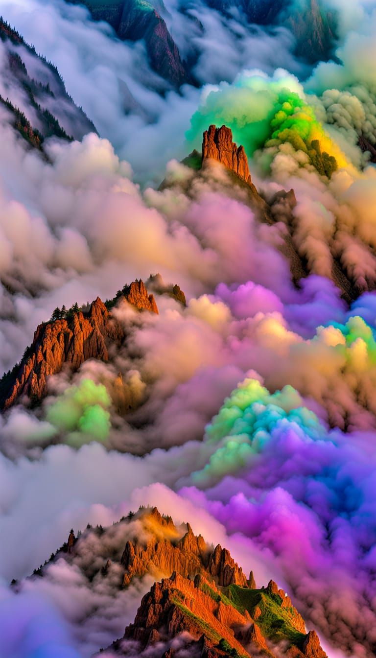 Iridescent Fog Over Cliff With Prismatic Fractals
