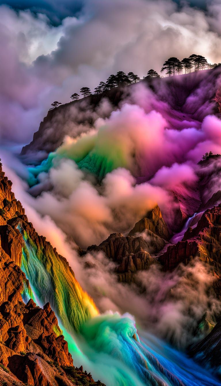 Iridescent Fog Over Cliff with Prismatic Fractals