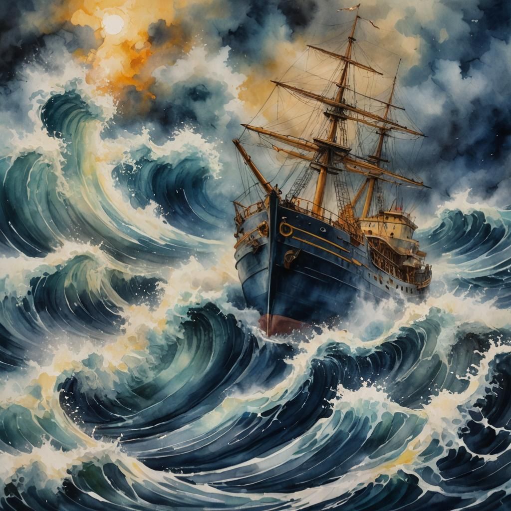 Water Elemental Engulfs Ship as Impasto Painting