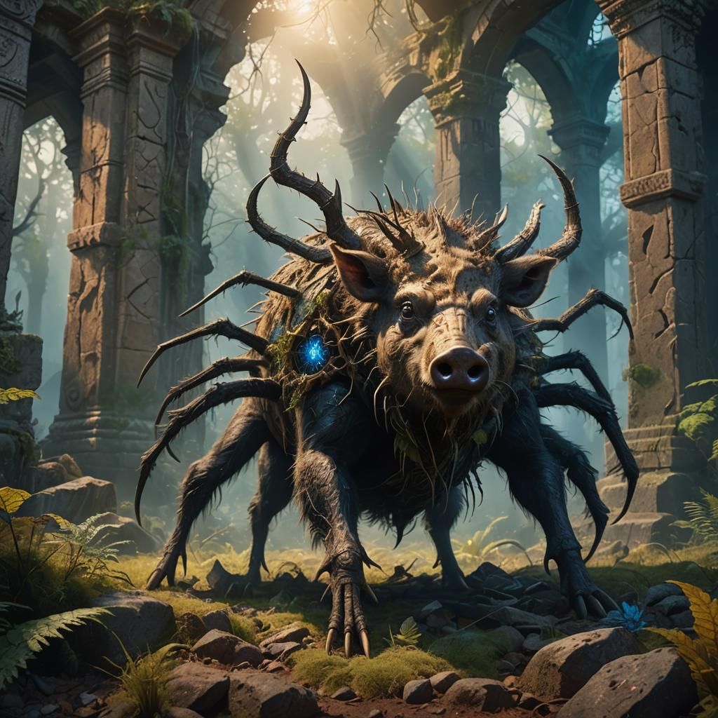 Boar Spider Hybrid in Mysterious Forest: Matte Painting