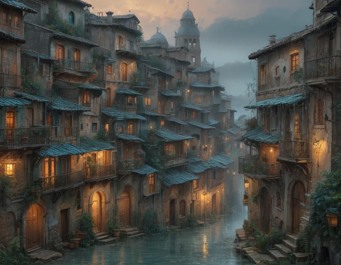 Misty Renaissance Village in Rain, Digital Art