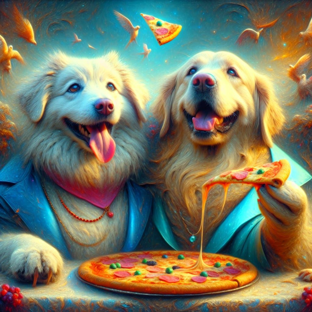 Adorable Dog and Friend Enjoying Pizza, Detailed Matte Paint...
