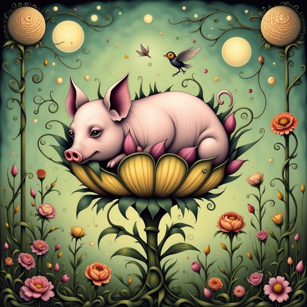 Whimsical Nouveau Piglet in a Fantastical Meadow