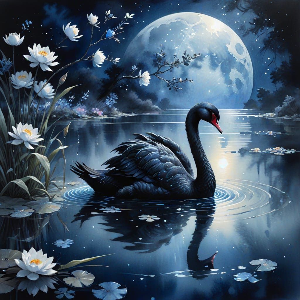 Black Swan on Water Under Sapphire Moon in Japanese Ink Wash...