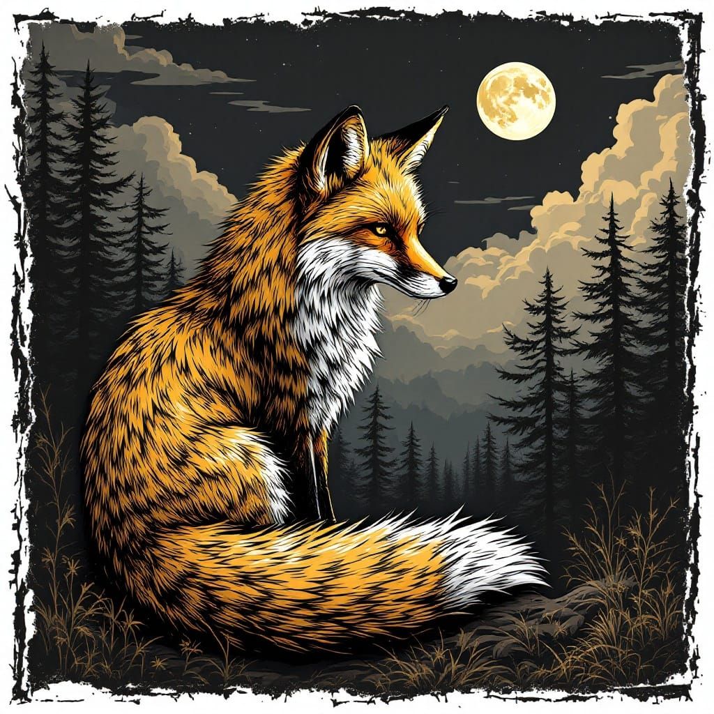 Surreal Dark Forest Scene with Golden Fox in High Contrast