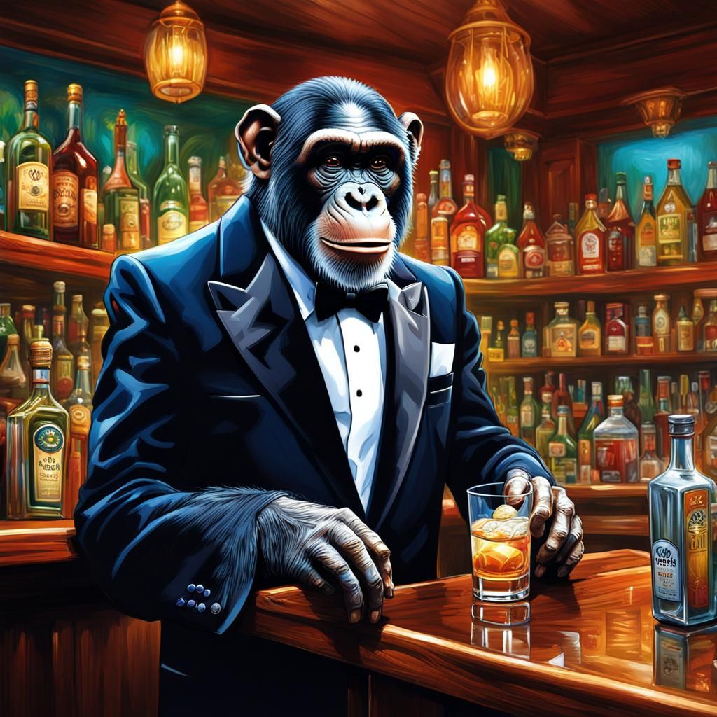 Chimpanzee Bartender Serving Businessmen: Hyperrealistic Con...