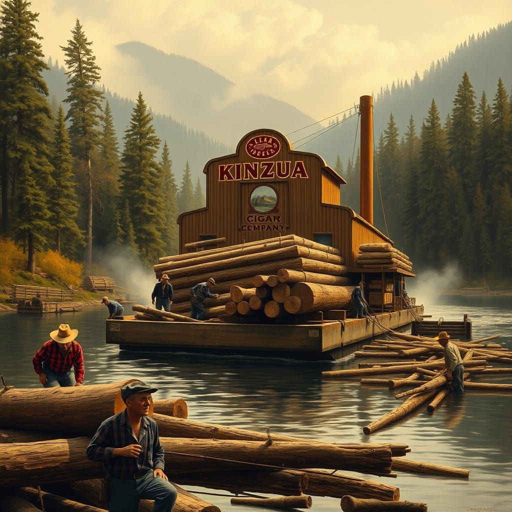 Rustic Logging Scene on Allegheny River in 19th-Century Styl...