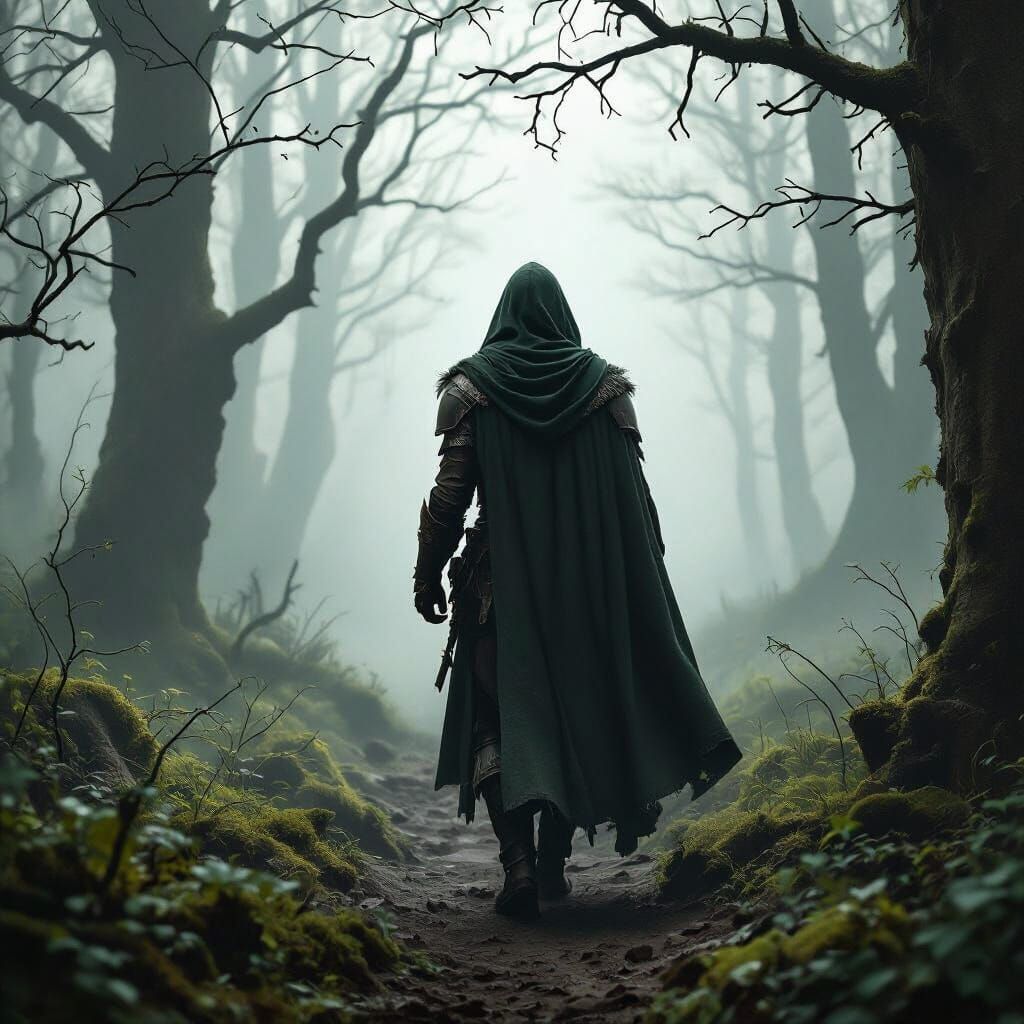 Fantasy Ranger in Foggy Eldarwood, Pre-Raphaelite Style