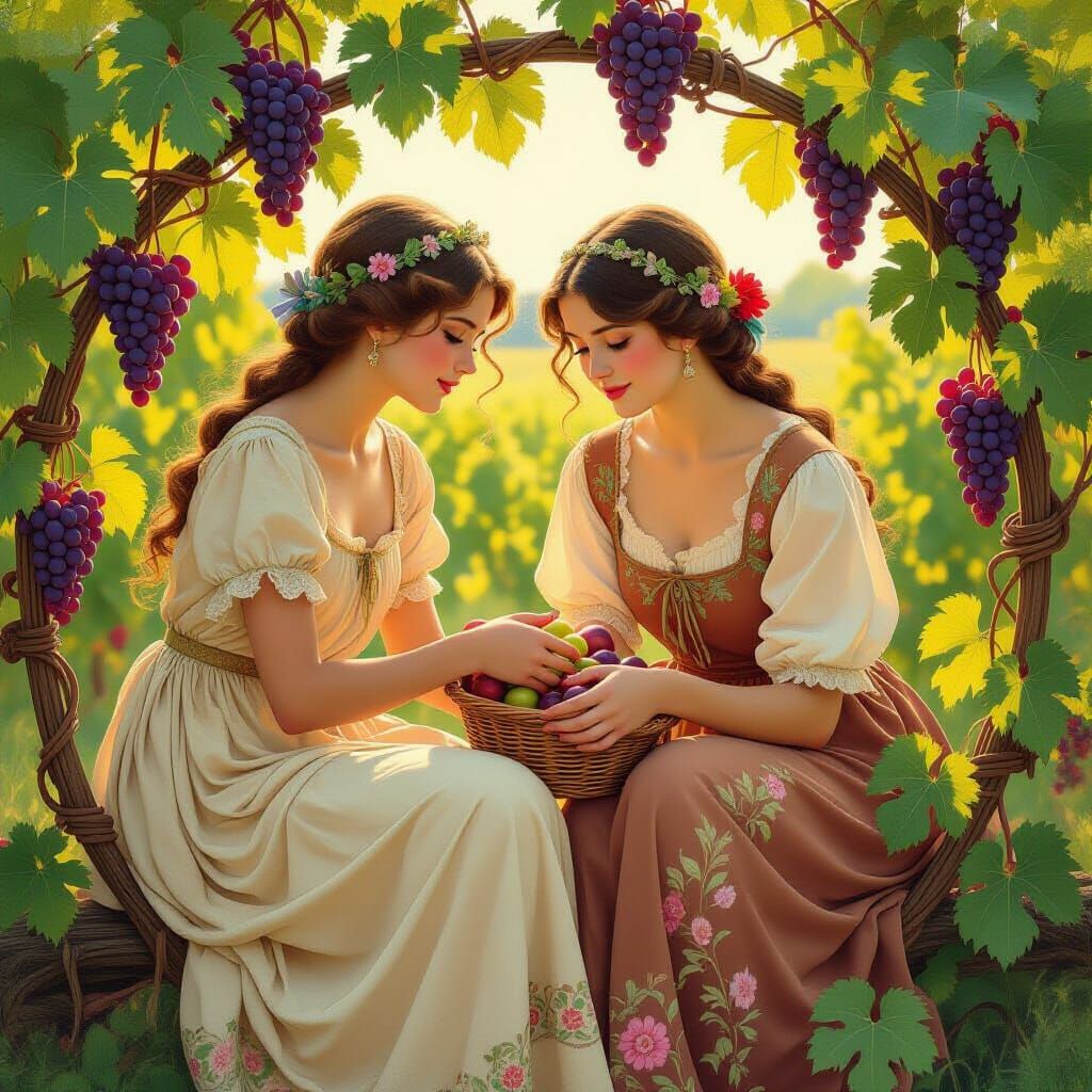 Art Nouveau Grandmother and Girl in Grapevine