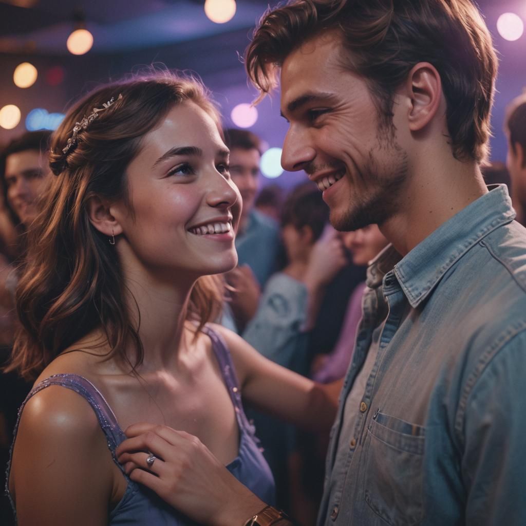 Young Couple Chatting on Dance Floor in Cinematic Lighting