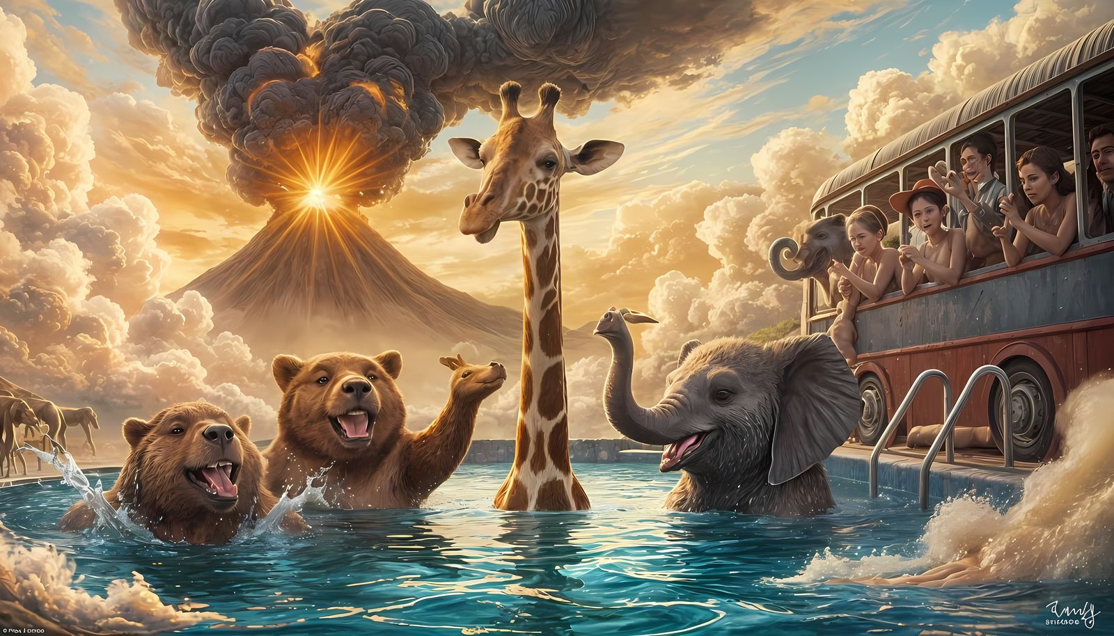 Anthropomorphic Animals Dancing by Erupting Volcano