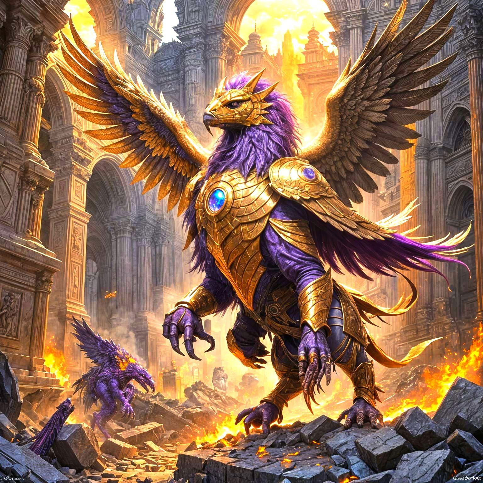 Mythological Griffin Over War-Torn Kingdom