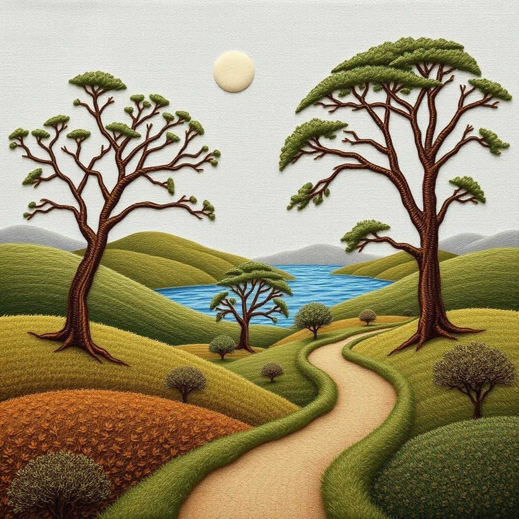 Serene Landscape Embroidered Artwork with Majestic Trees