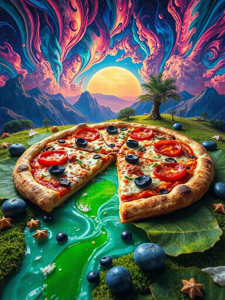 Surreal Pizza Landscape in HDR Style, Inspired by Roger Dean