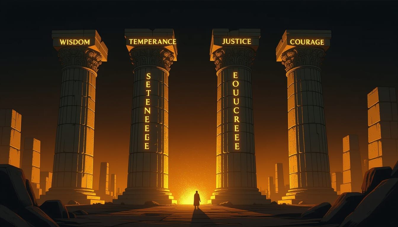 Four Ancient Pillars of Virtue in Golden Light
