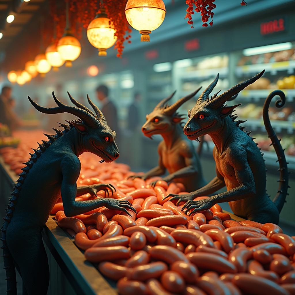 Devils Shopping for Sausage in Mystical Supermarket