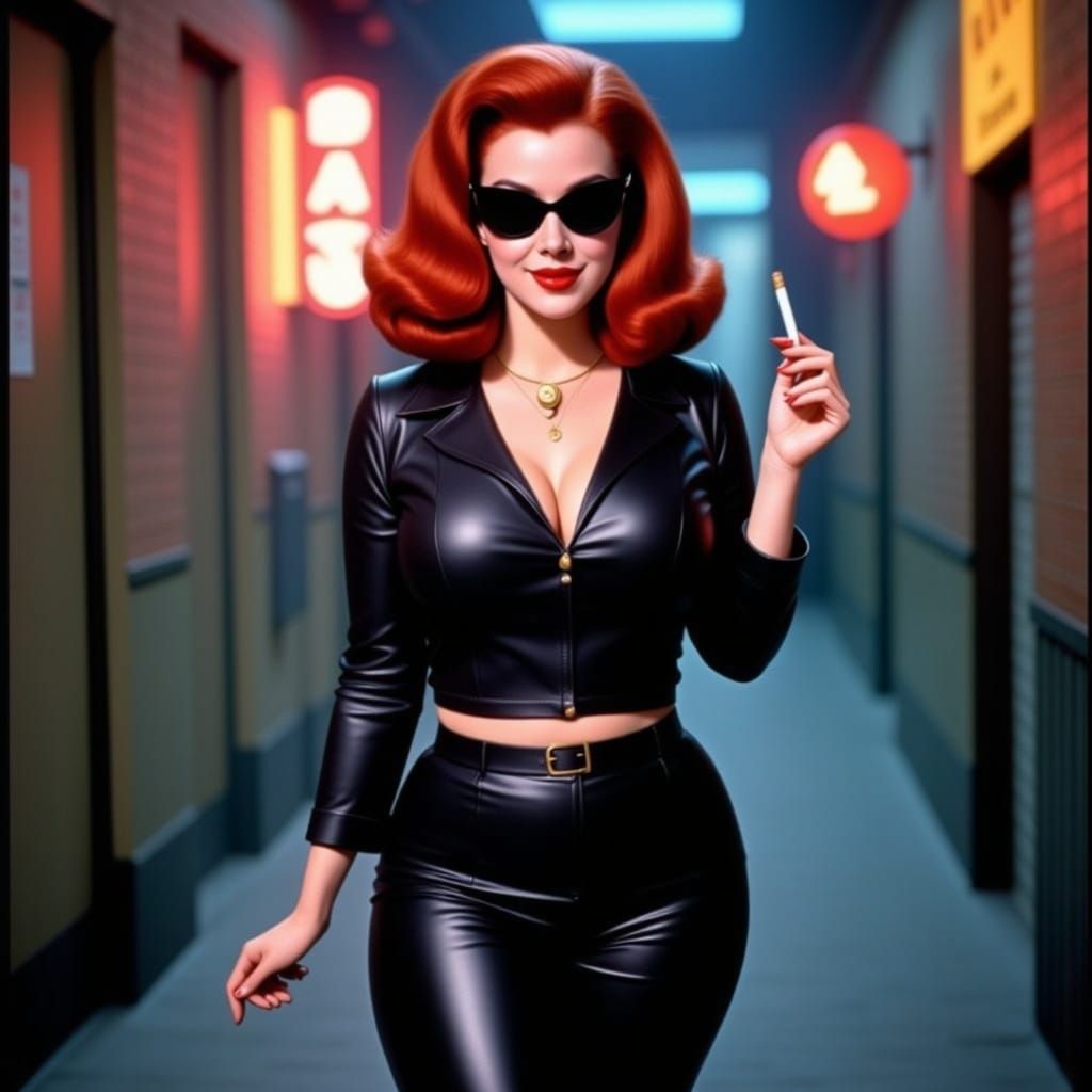 Confident Black Widow in Retro 1970s Attire