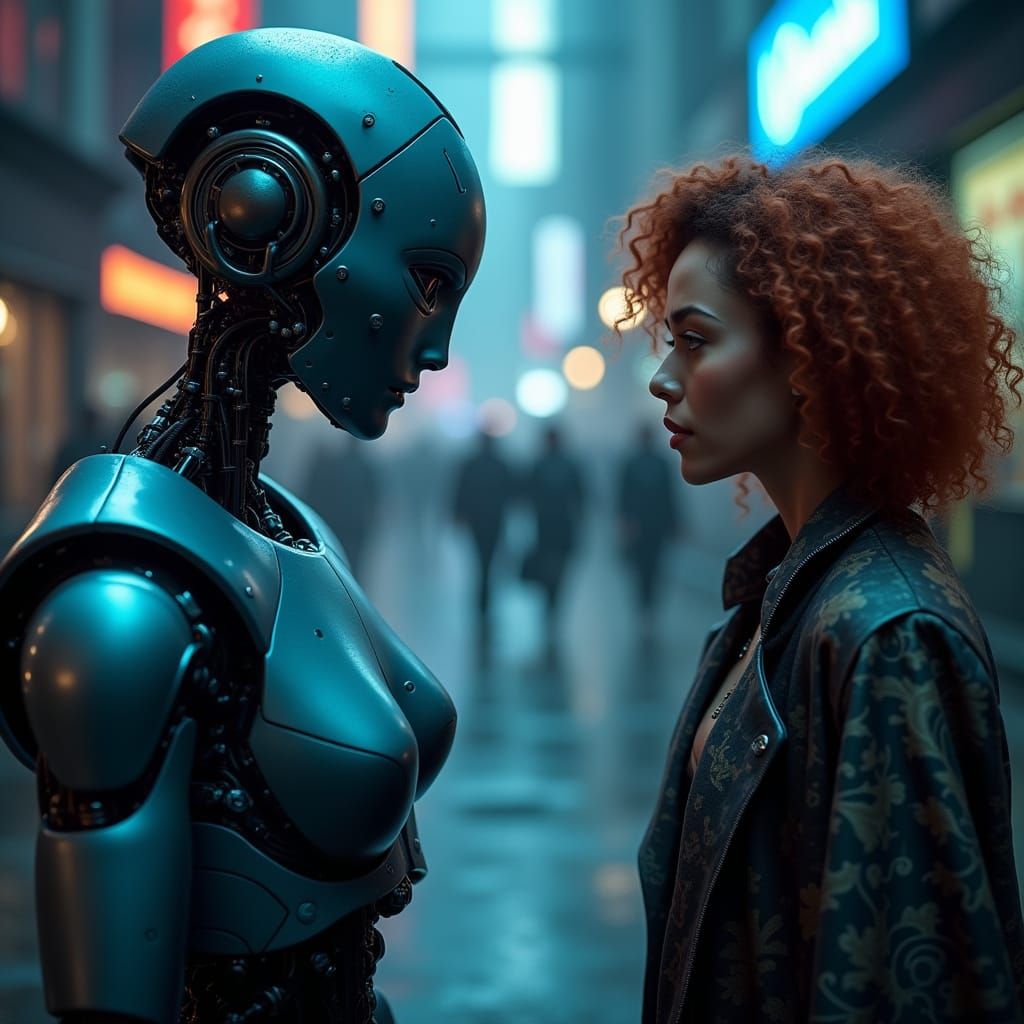 Futuristic Robot Engages Woman in Conversation Amidst Neon C...
