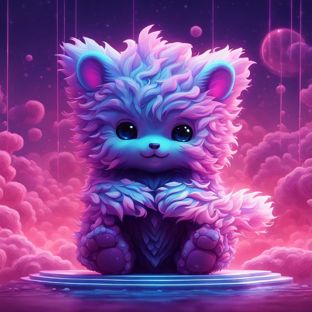 Cute Fluffy Magical Creature Chibi in Vaporwave Style