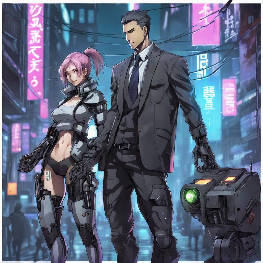 Cyberpunk Agent with Robot Sidekick in Anime Style