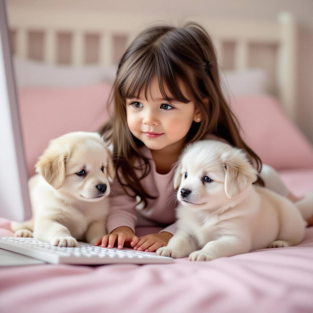 Young Girl and Puppies on Pink Bed