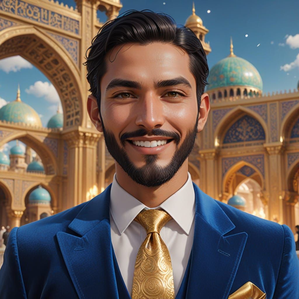 Joyful Man in Mosque: Anime 3D Portrait