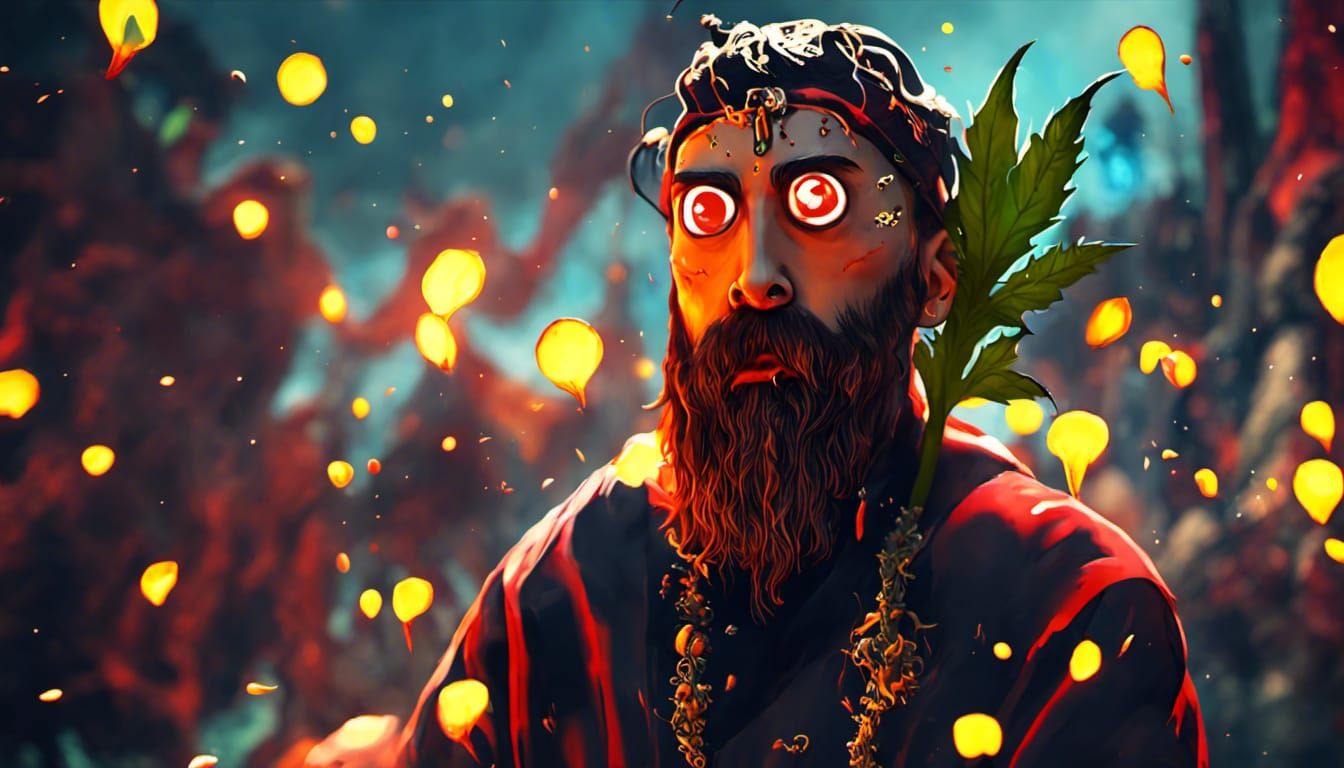 Cultist with Red Eyes Smoking Weed: Detailed Matte Painting